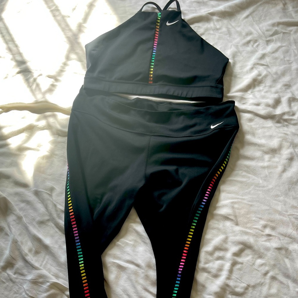 Nike rainbow striped leggings with matching bra! Bought for $120, worn 3 times.